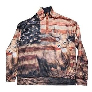Mens Deer American Flag Patriotic Pullover Hunting Outdoors XL